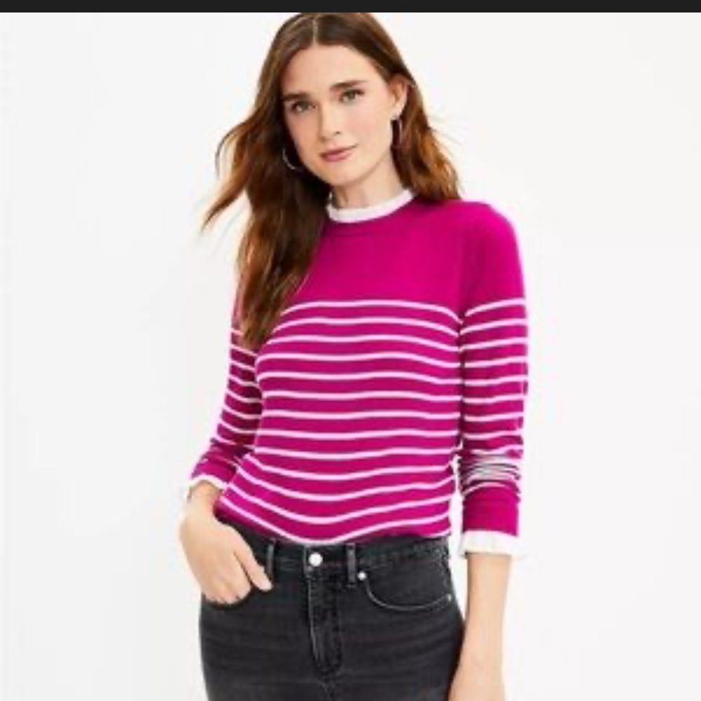 LOFT Magenta and White Striped Long Sleeve Top